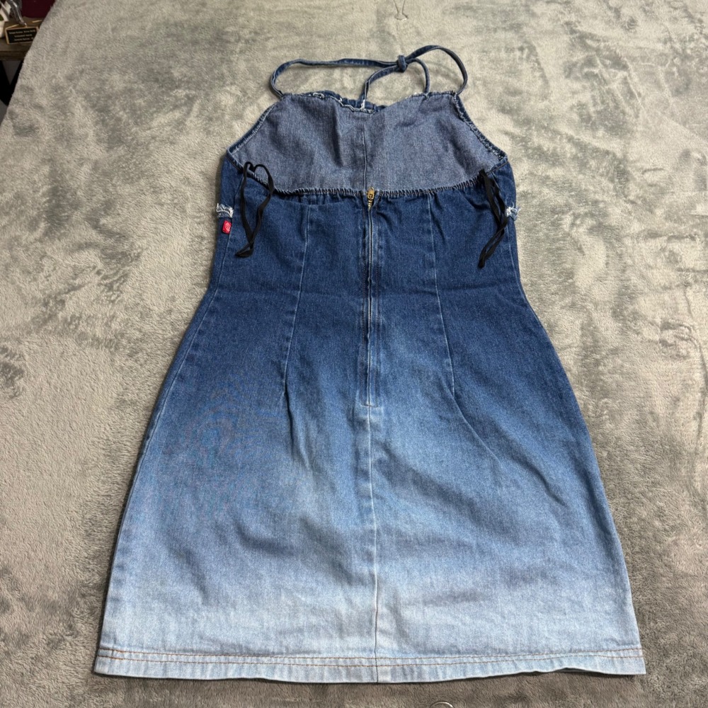 VTG 90s Hot Kiss Denim Halter Mini Dress Blue Ombre Raw Edge Y2K Size 7 - Picture 6 of 9